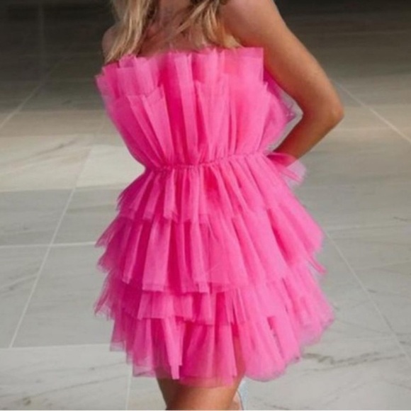 Maple Pink Tulle Tiered Ruffle Strapless Party Prom Special‎ Mini Dress sz M - Picture 3 of 7